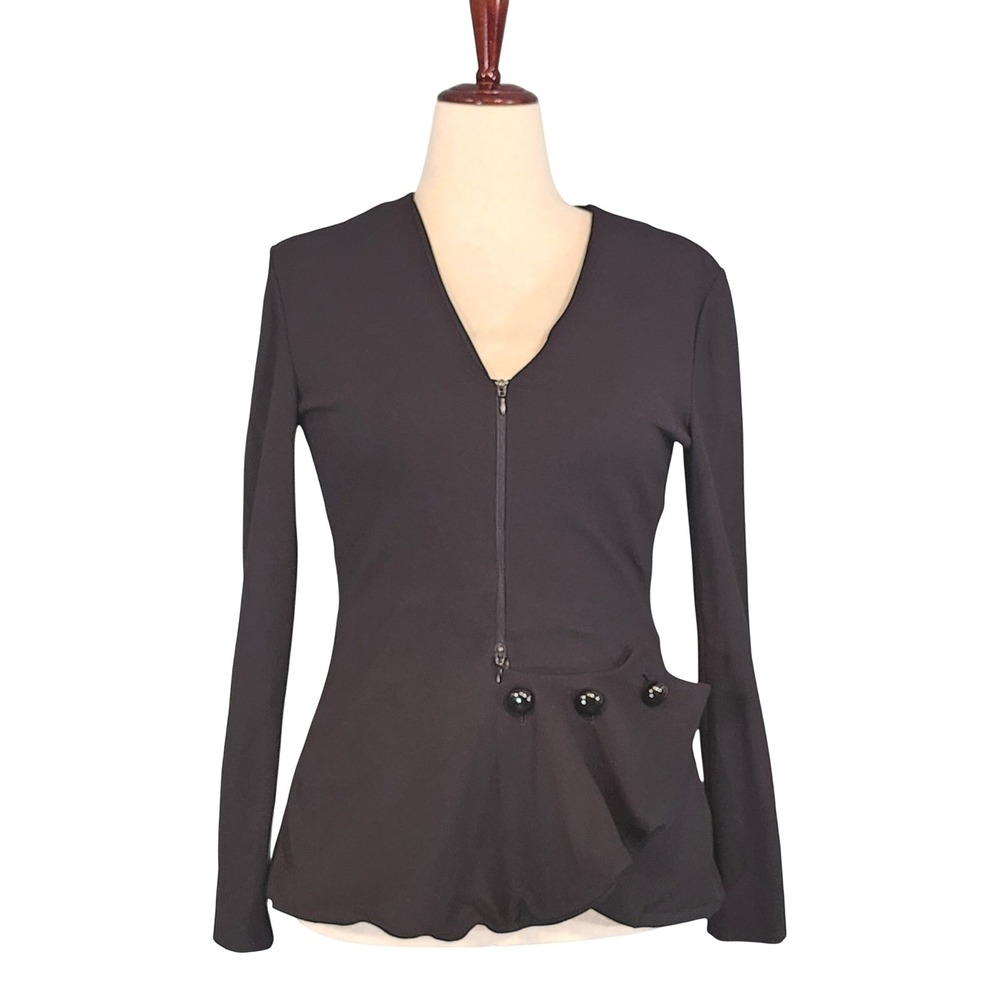 Emporio Armani Zip Front Peplum Top Women 44IT Black Ruffle Button Detail Blouse
